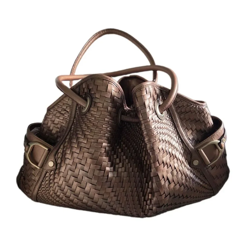 COLE HAAN Genevieve Denney bronze leather Boho Handbag Satchel Woven Large Tote